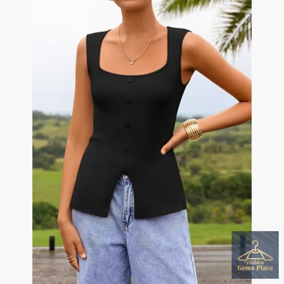 Sleeveless Square Neck Ribbed Knit Sweater Vest Slim Fit Tank Top - Picture 3 of 7